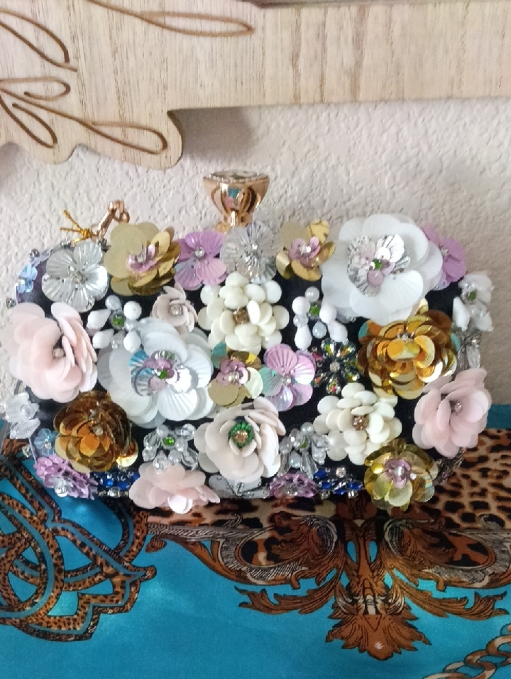 bebe Black Floral Appliqué Evening Clutch with Gold & Pastel Accents